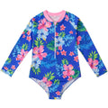 Girl's long sleeve one piece swimsuit in a briefs style on a hanger.