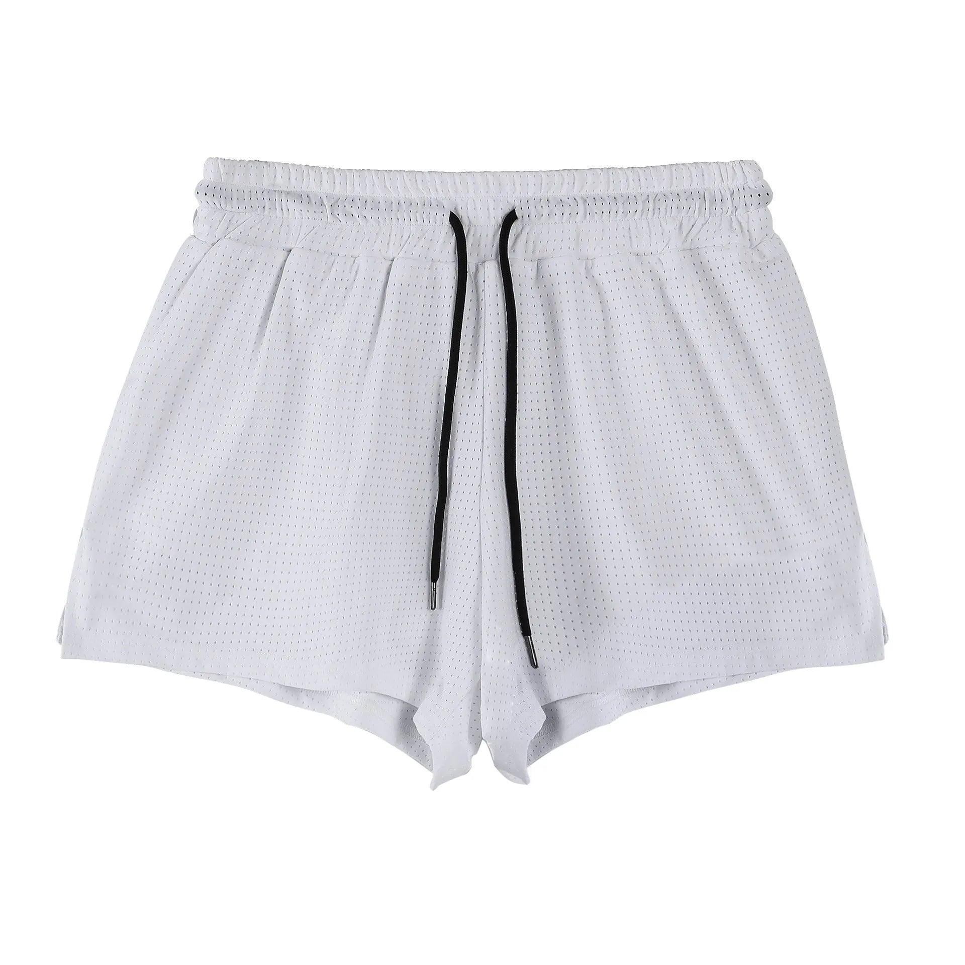A pair of men's quick-dry nylon shorts in black on a hanger, showing the mid-waist fit and shorts length.