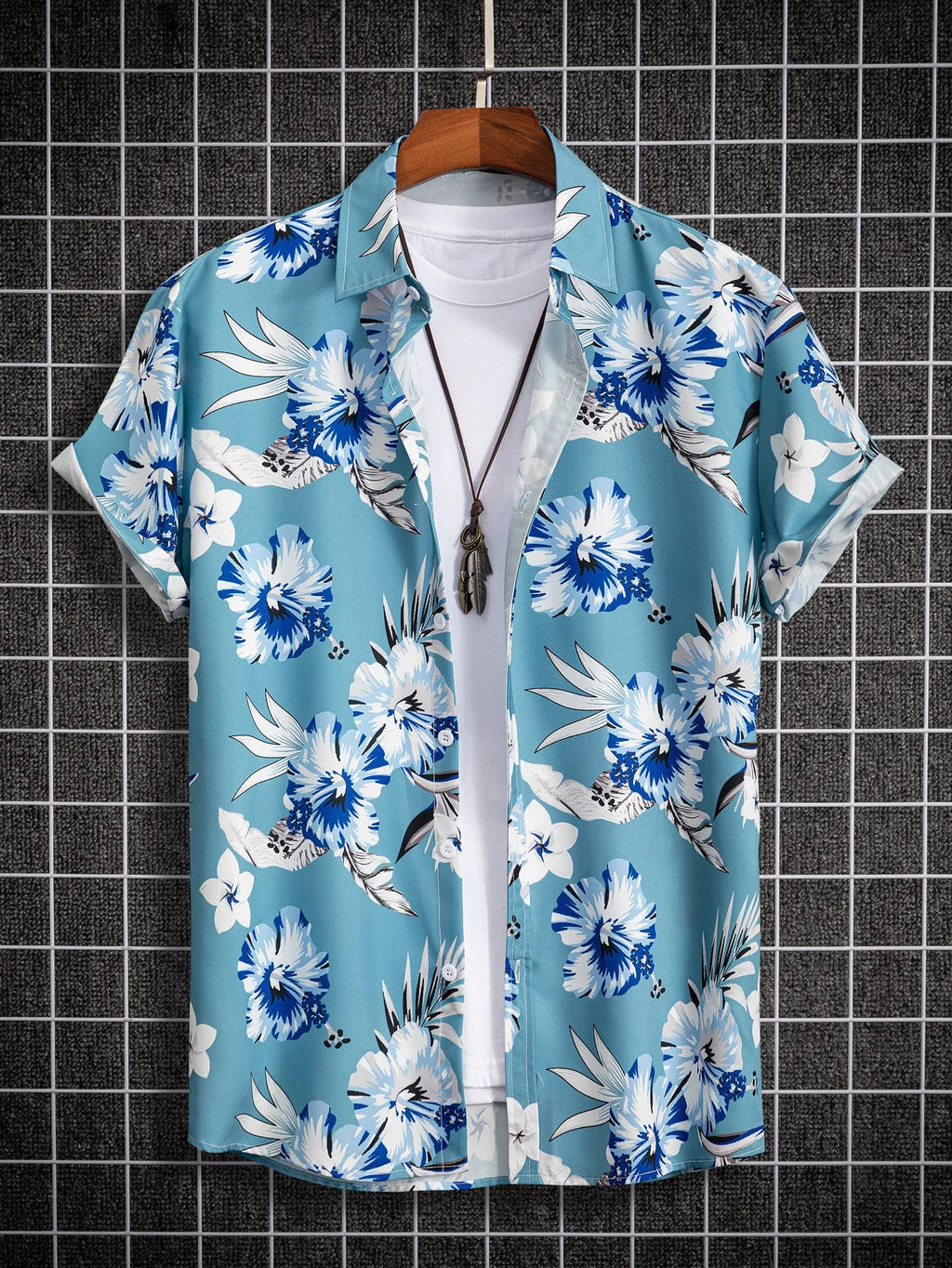 Men's digital printed shirt with colour matching pattern in blue, available in cotton polyester fabric