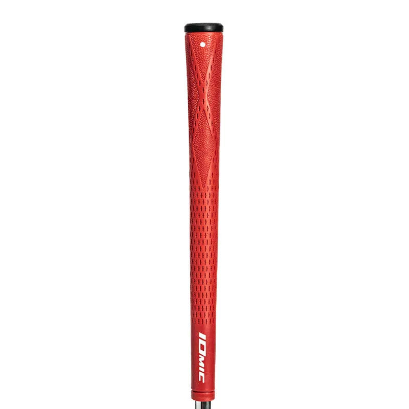 TPE golf club grip in assorted colours including pink, red, and black with blue head on a golf club.