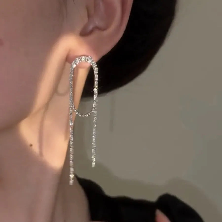 Silver knotted zircon long tassel ear studs for women geometric shape copper electroplated