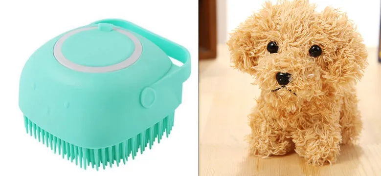 Blue silicone dog bath brush with soft bristles for washing and massage