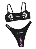Women's printed bikini swimsuit set in black, high-elasticity polyester spandex backless brief style