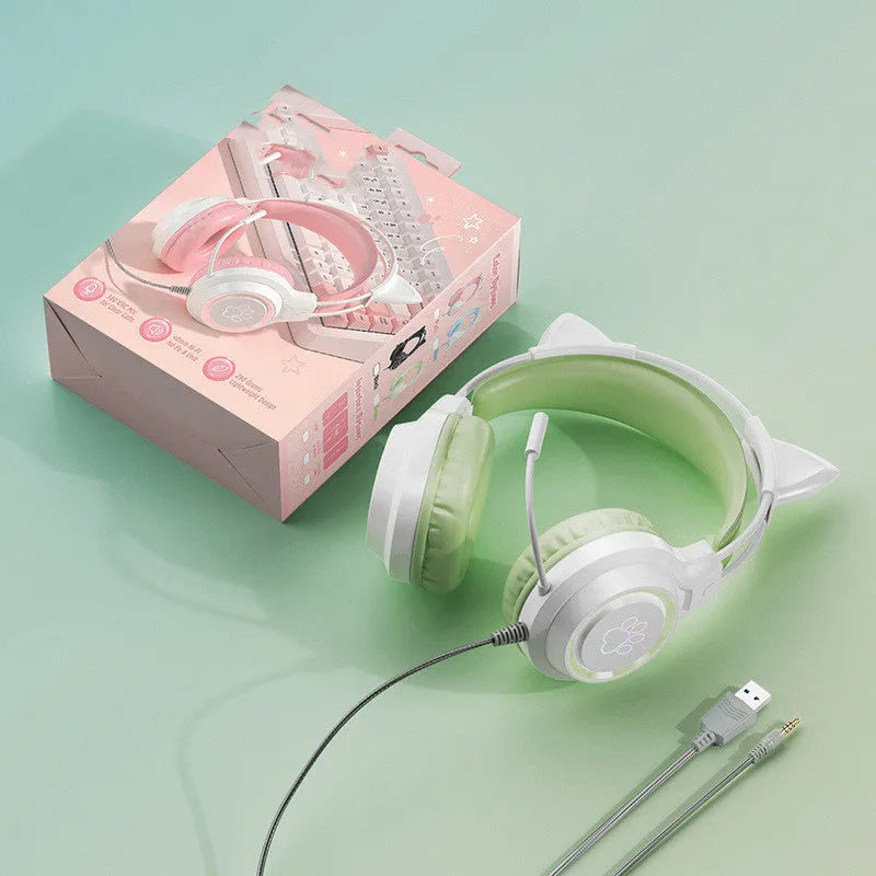 Esports cat ear gaming headset with protein cotton earmuffs and woven cable in pink colour