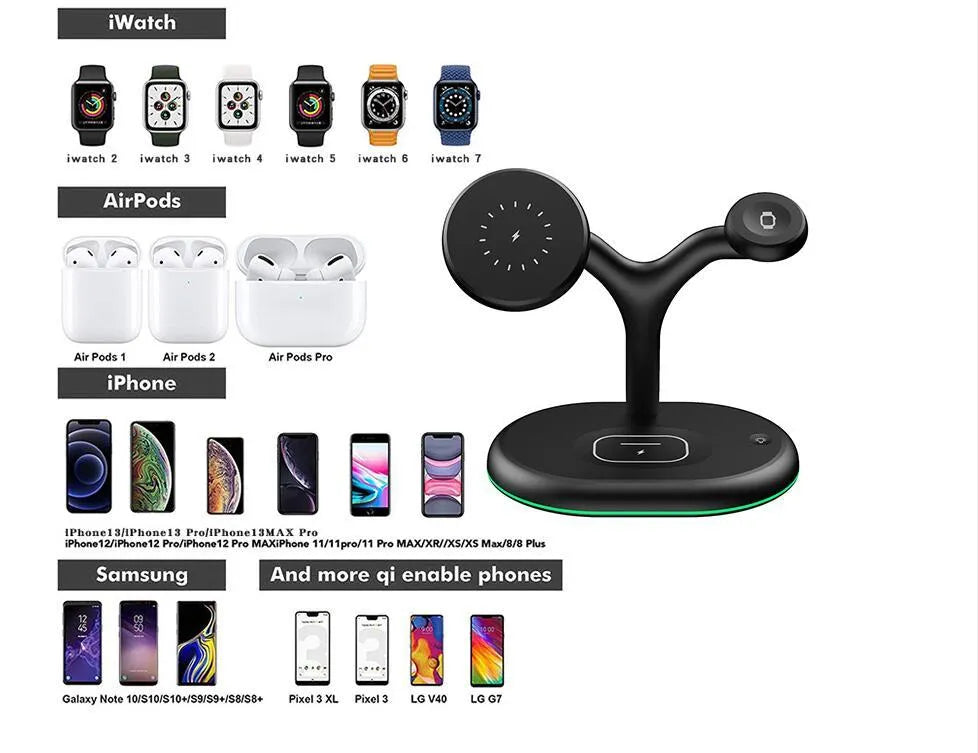 Black magnetic wireless charging stand holding an iPhone vertically on a desk