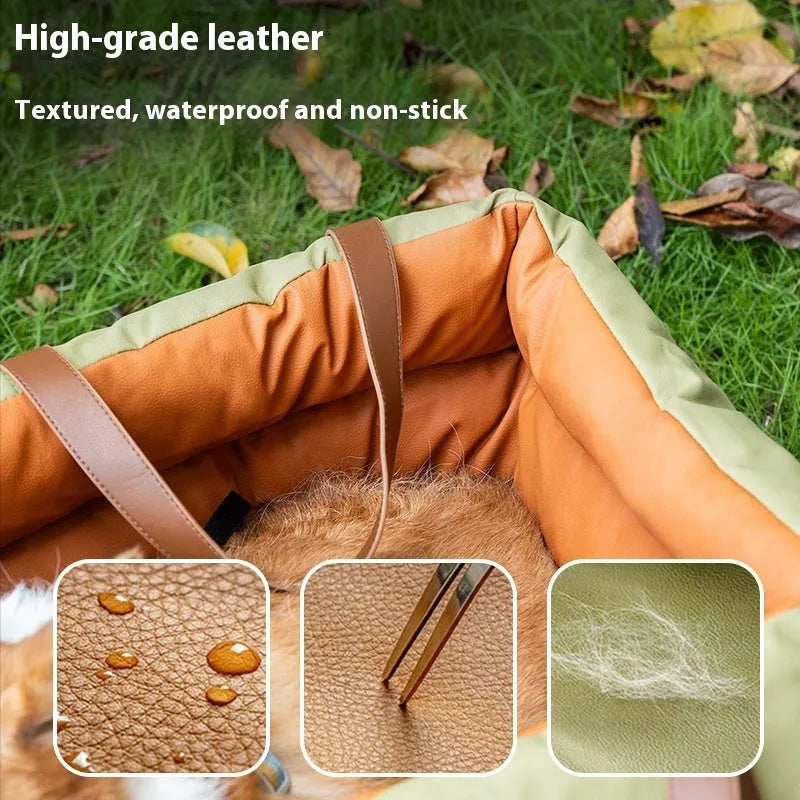 Portable cloth cat car kennel in brown colour, showing dimensions of 55 cm by 50 cm by 45 cm.
