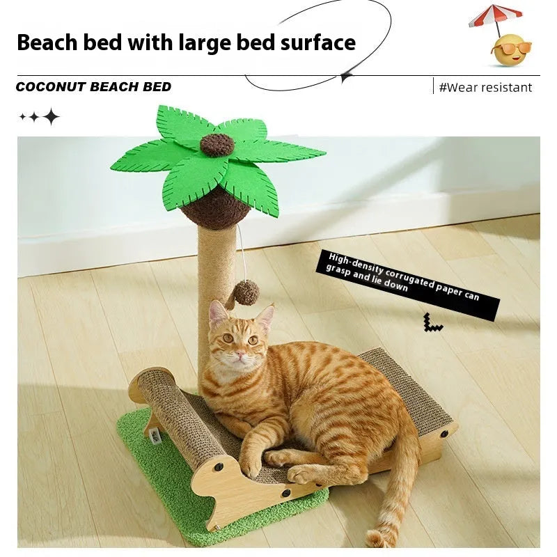 Wooden beach chair style cat climbing frame with integrated scratch board and raised cat bed.