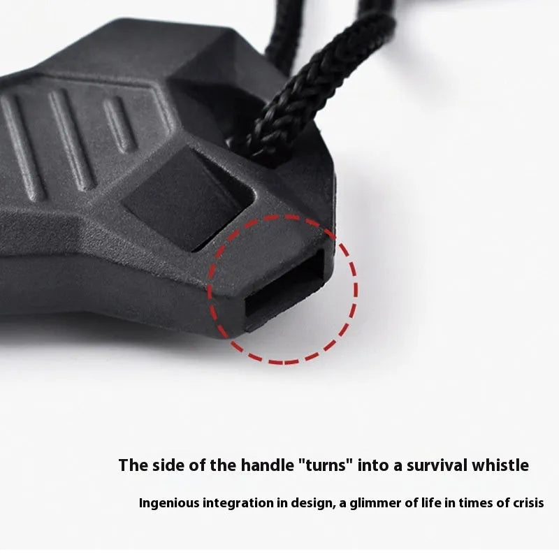 Black outdoor multifunctional survival flint with magnesium rod and stainless steel tools including whistle and bottle opener.