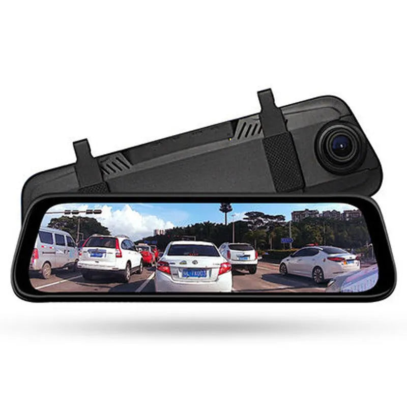 10-inch streaming dashcam rearview mirror with dual lens, anti-glare blue mirror, and touch IPS screen