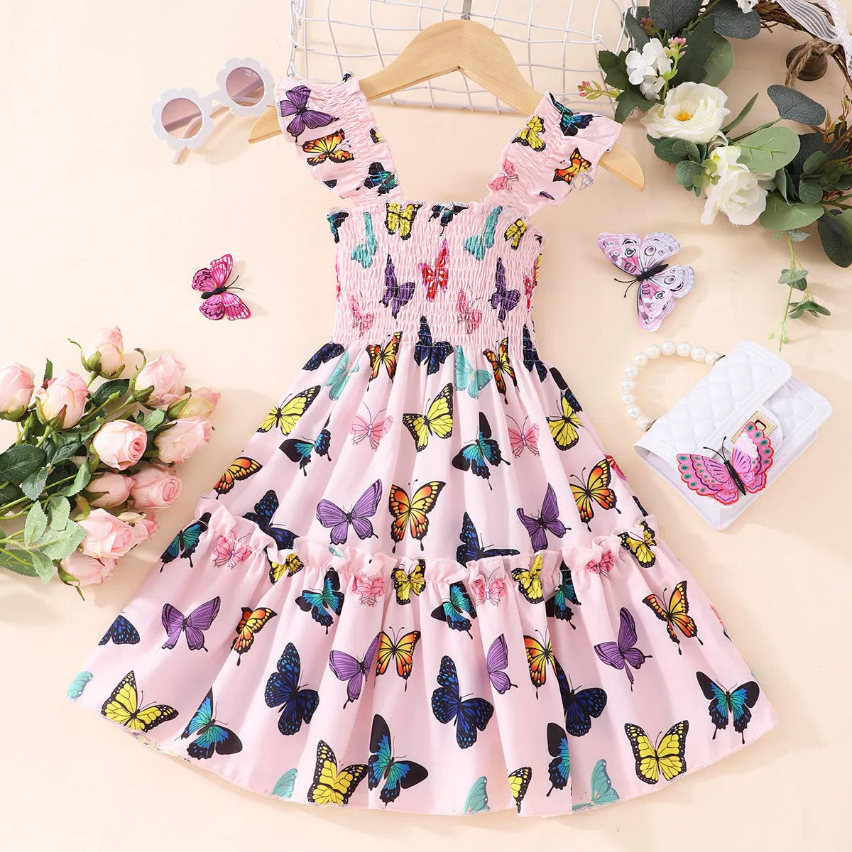 Children sleeveless smocking multicolor dress with leopard print butterfly and rainbow design for girls ages 2-7