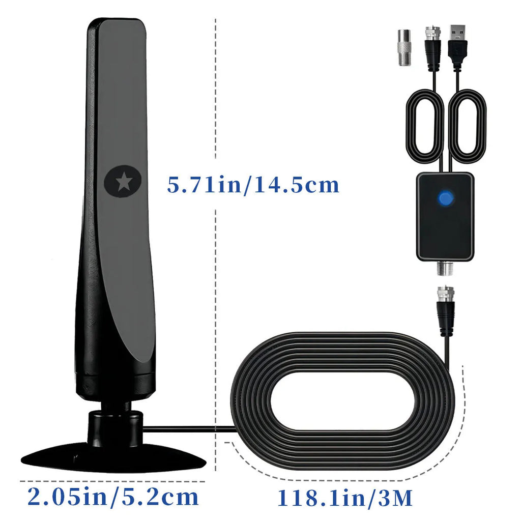 Black HDTV vertical suction cup digital TV antenna with 3m coaxial cable and F adapter, 60x150mm, 85g
