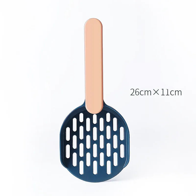 Blue plastic cat litter shovel for cleaning litter boxes, showing dimensions and scoop design.