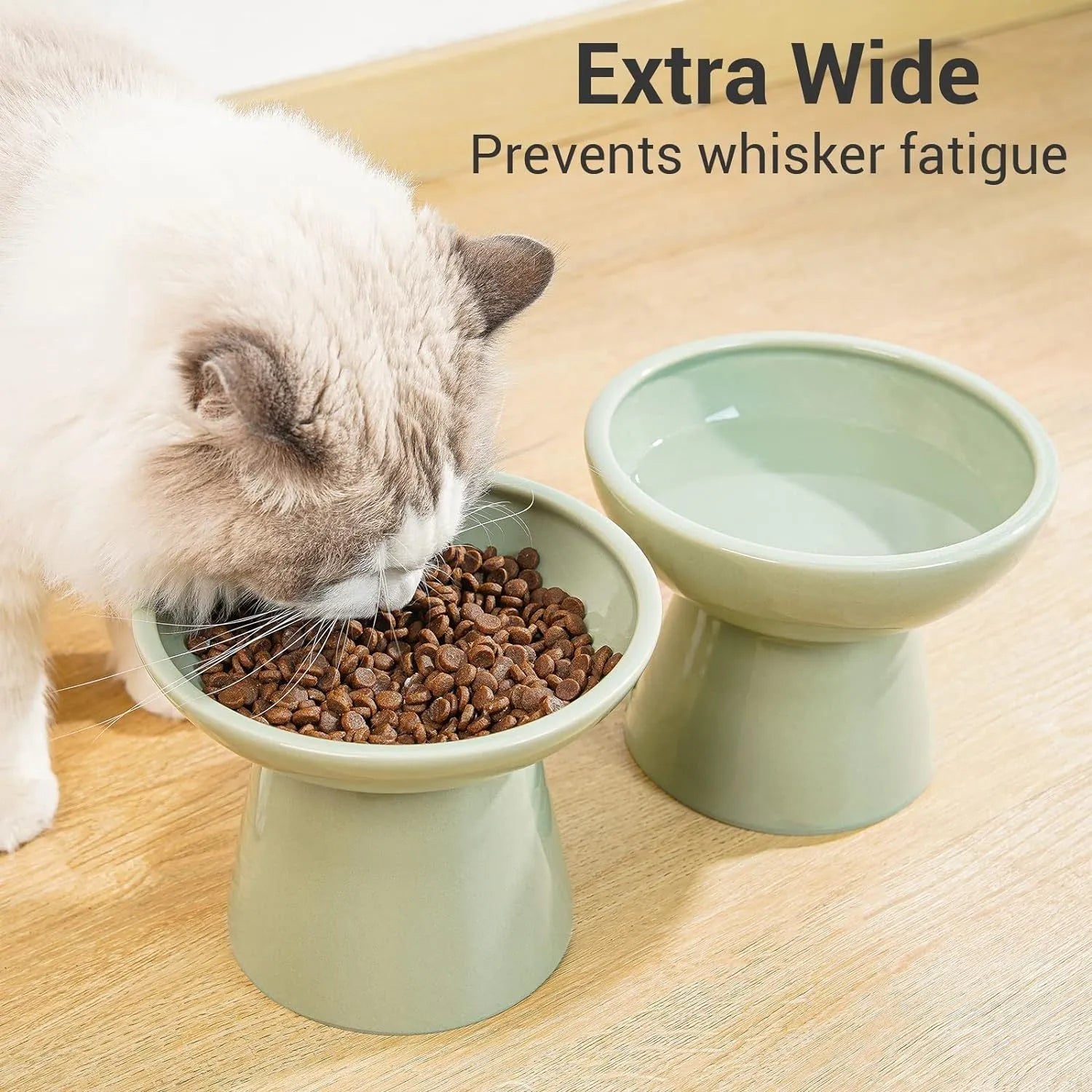 Elevated ceramic cat bowl in blue with wide shallow dish on weighted base