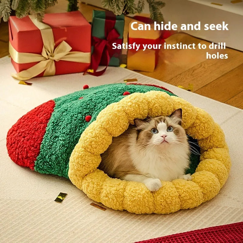 Christmas stocking cat nest in lamb wool and Oxford cloth, semi-closed deep sleep cat bed, small and medium sizes