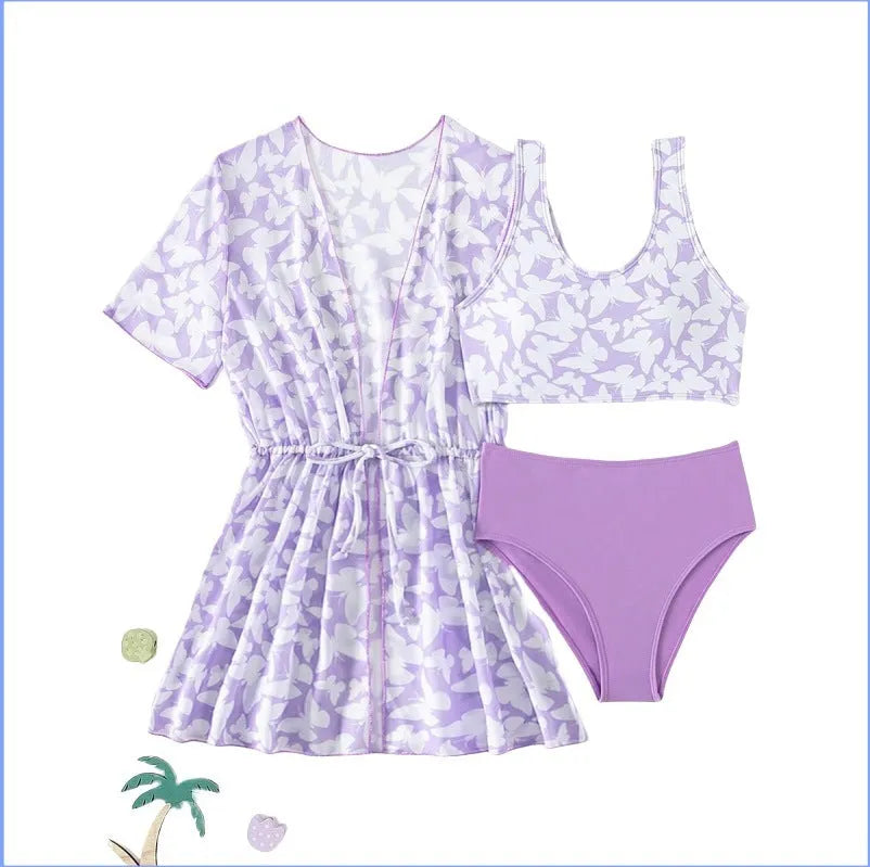 Three piece split swimsuit set for girls in colour 3218, includes coat, vest, and briefs.