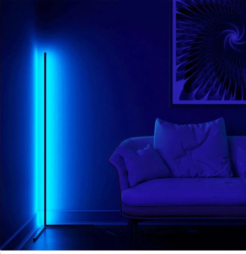 Nordic RGB LED corner floor lamp in black or white, 1.2m to 1.6m, with aluminium shade and remote control