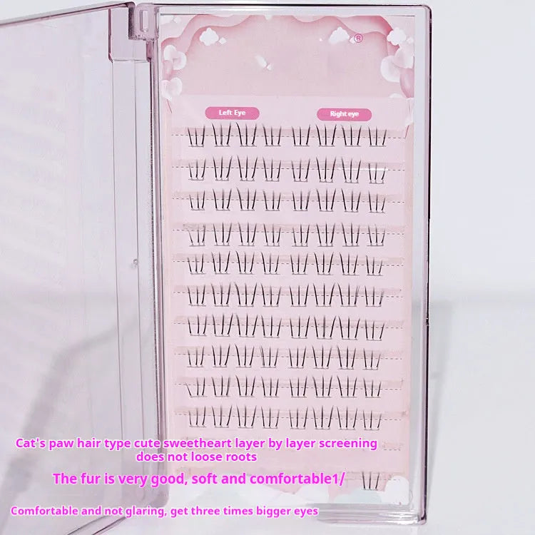 12-row segmented false eyelashes with kitten's paw lower lashes, natural sheer root, 4mm 5mm 6mm lengths.