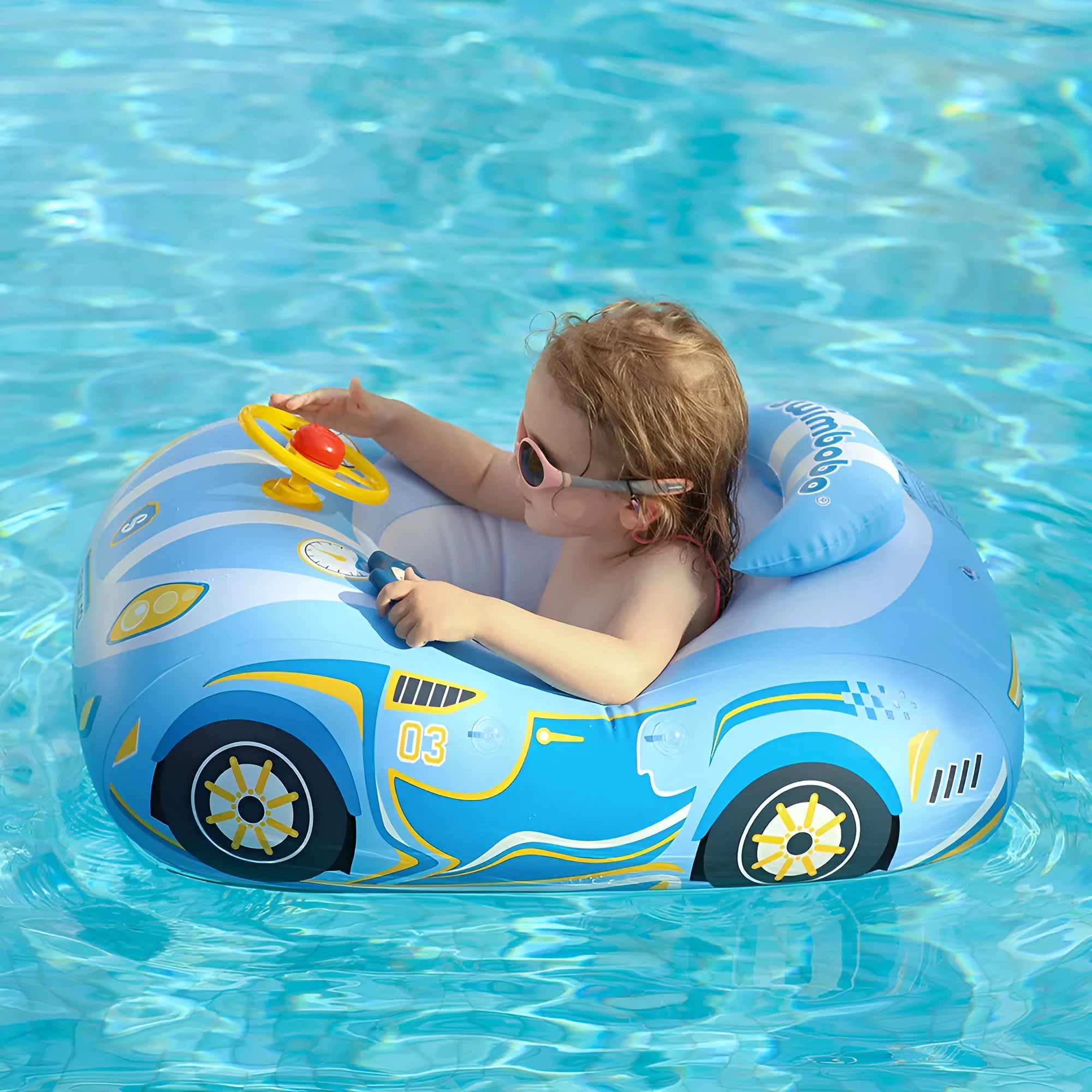 Pink inflatable swimming ring for kids with a mini steering wheel and cartoon sports car boats design.