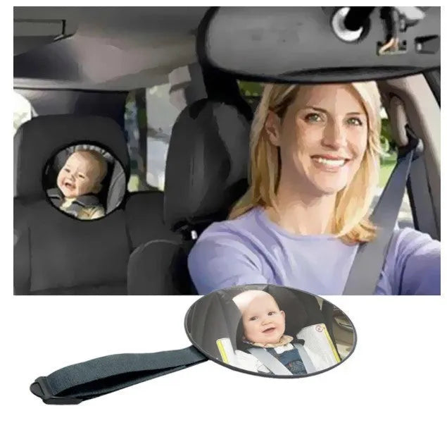 Black ABS baby safety seat rearview mirror with circular 17cm glass and adjustable strap on car headrest.