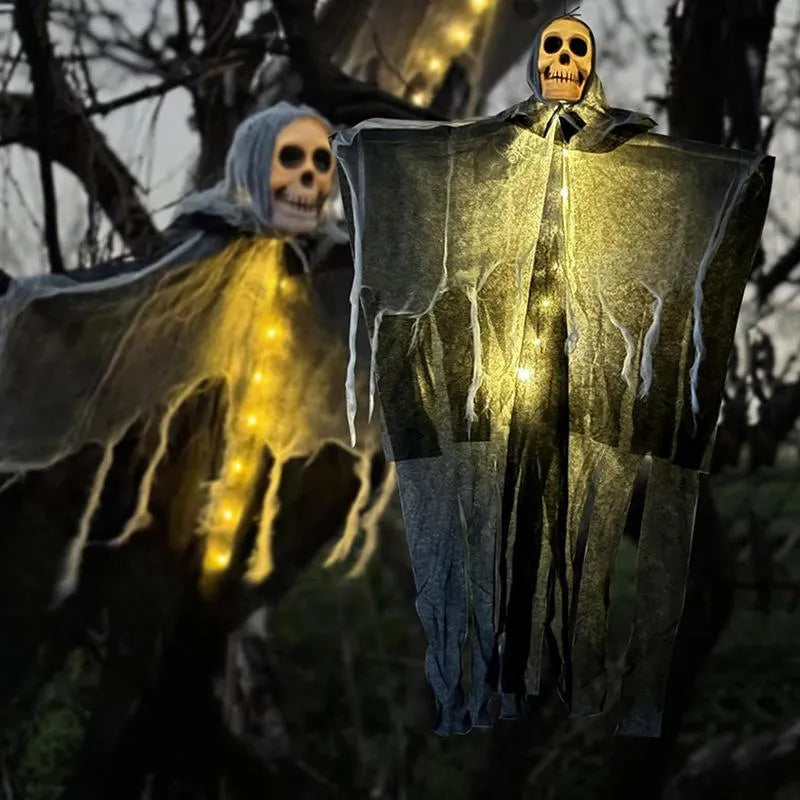 85cm hanging ghost Halloween decoration in warm colour with skull face, made from plastic, wrought iron, foam and cloth