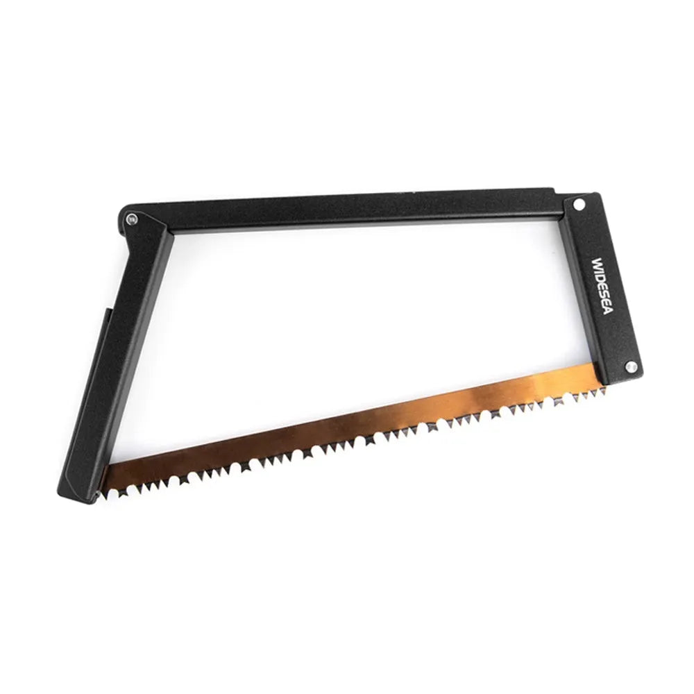 Black foldable outdoor survival saw with aluminium and nylon frame, showing folded design.