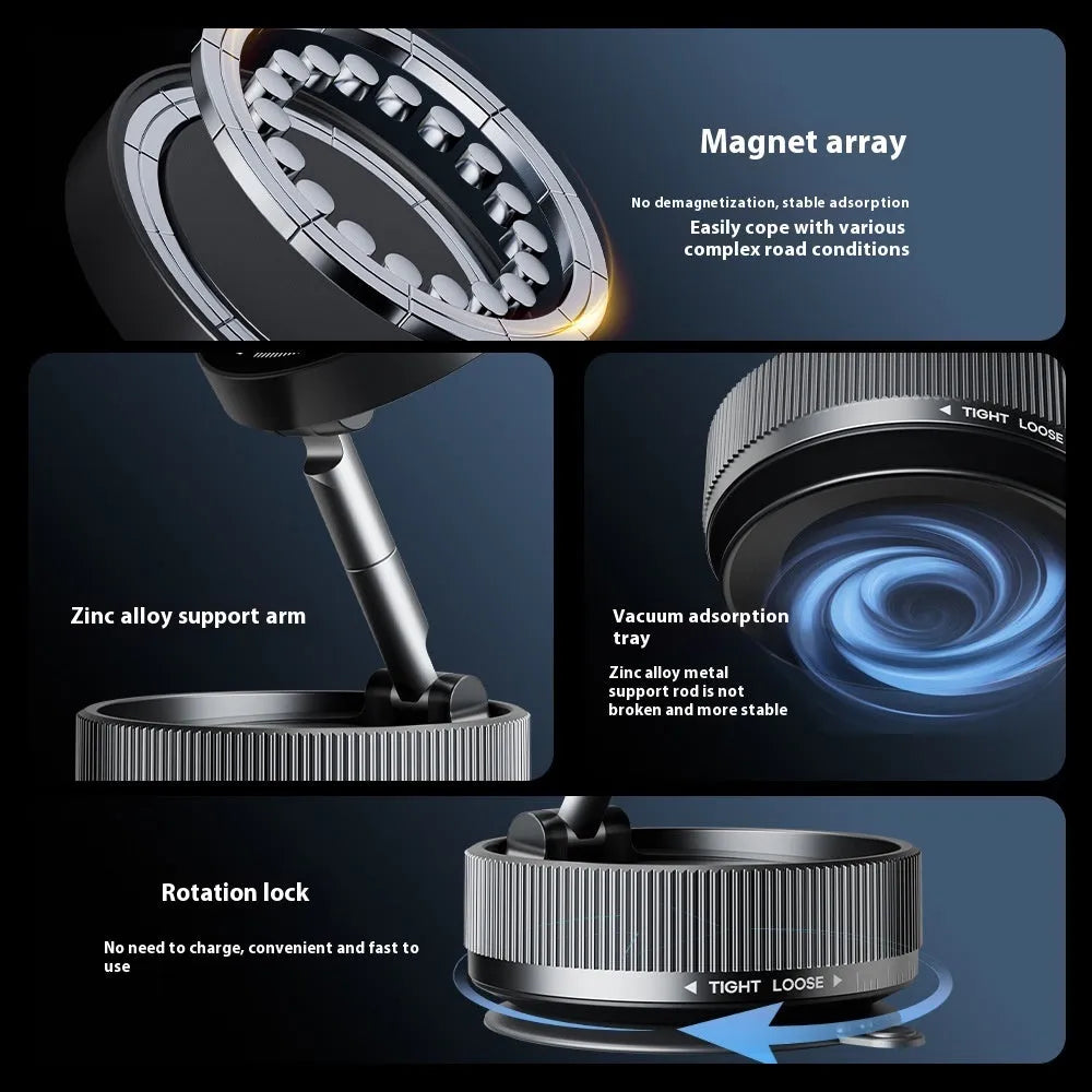 Magnetic vacuum suction phone bracket in Night Blue Metal Black with 720-degree folding and rotating plastic body