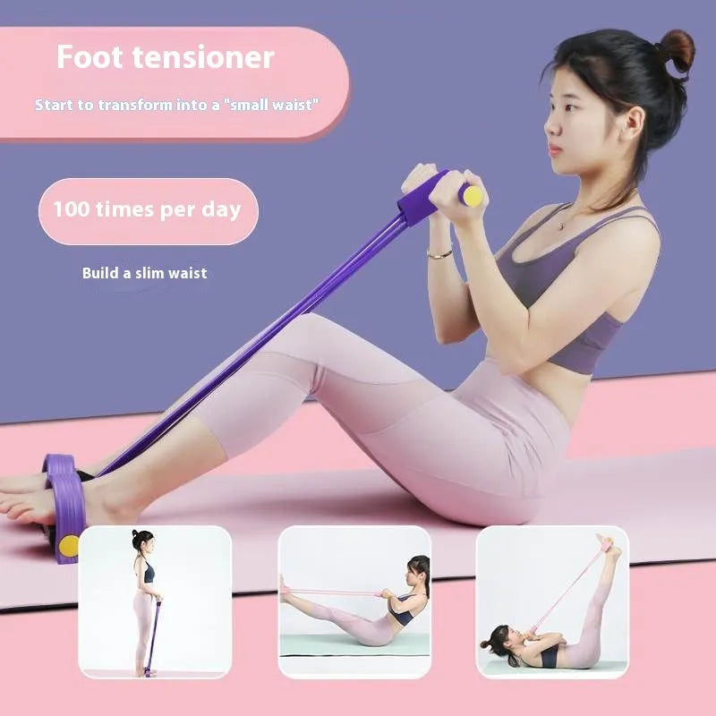 Yoga four-piece fitness set with leg stretcher, foot pedal device, yoga ring, and figure-eight tension rope on a white background.