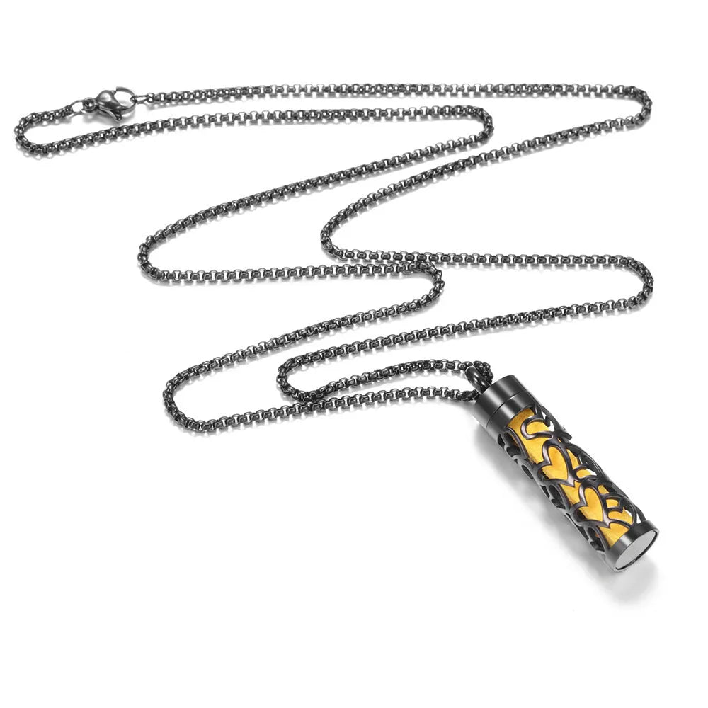 Stainless steel cylindrical heart-shaped hollow pendant necklace on a chain with geometric design