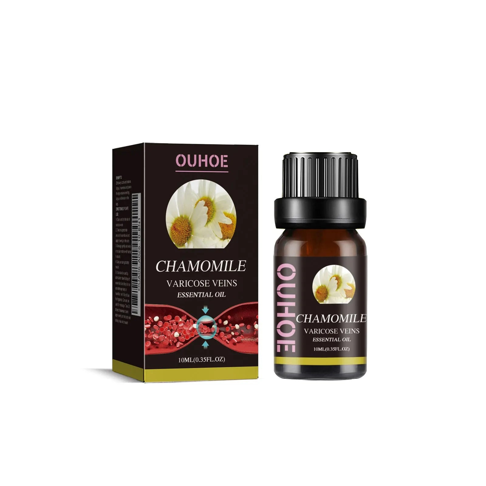 10ml bottle of chamomile essential oil for leg skin care and massage.