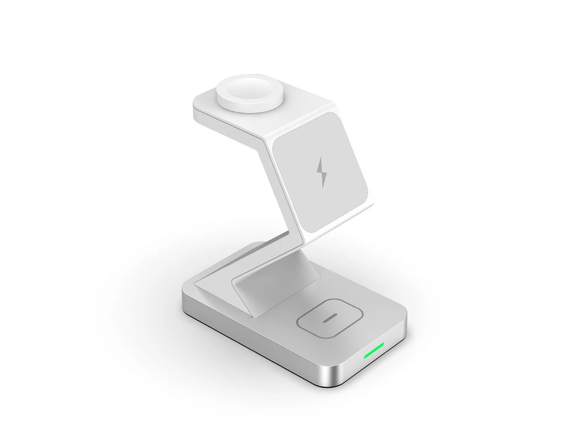 Three-in-one magnetic wireless charger phone holder in black with phone, watch and earbuds on a desktop
