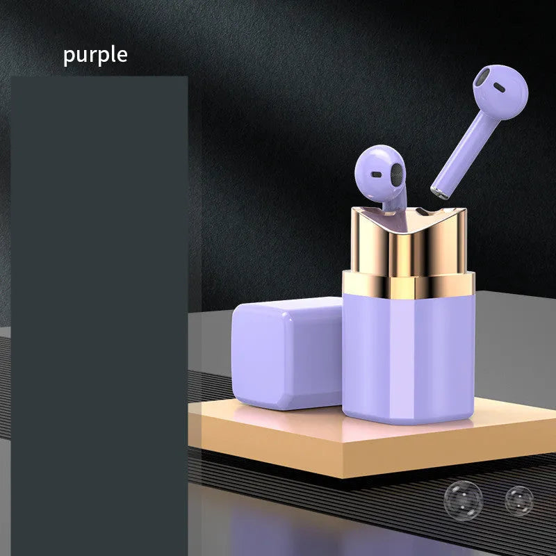 Fashion lipstick case open to show black Bluetooth earbuds with in-ear design.