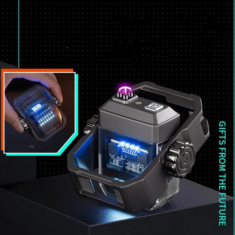 Blue zinc alloy electric arc lighter with a spinning mechanical gyroscope on a black background.