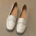 Women's square toe flat leather shoes in beige white with low heel and cowhide lining