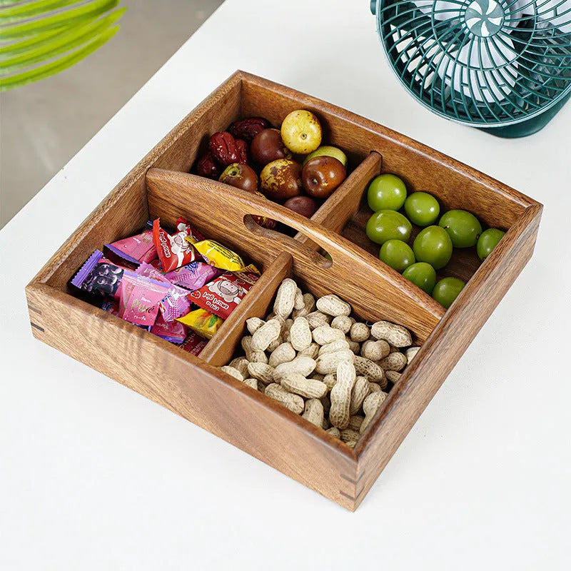 Solid wood snack candy tray in burlywood with multi-grid options and cover