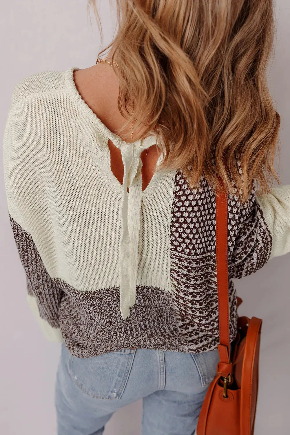 Dark khaki colour block women's sweater with a back tie and drop-shoulder loose fit.