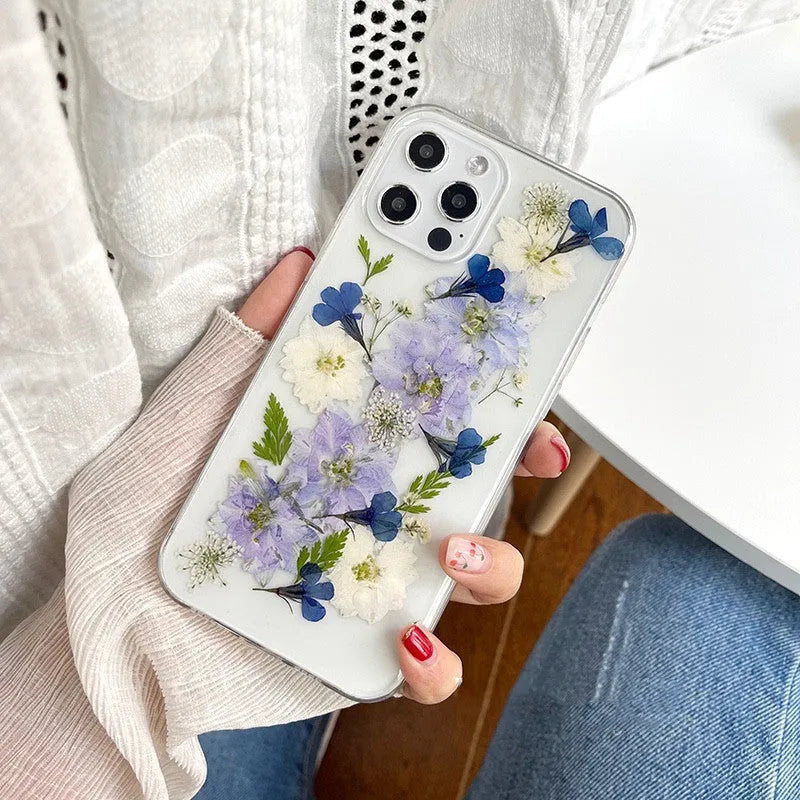 Soft blue and purple dried flower basket design TPU case for iPhone mobile phones