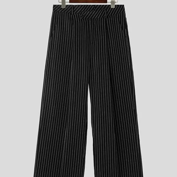 Black men's casual trousers with vertical striped pleats and an elasticated waistband