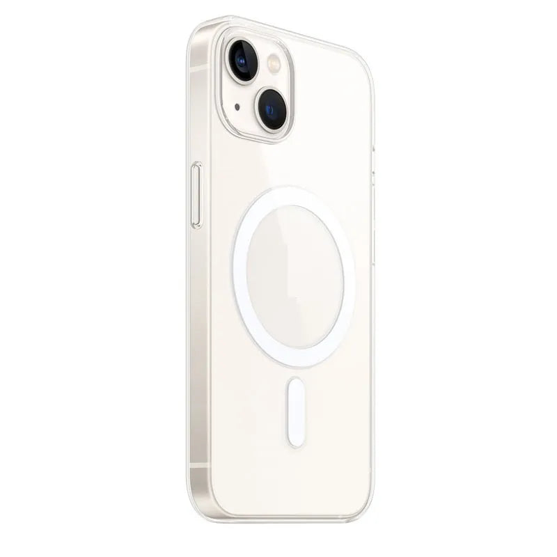 Full transparent magnetic back cover case for iPhone on a table, showing clear design and MagSafe ring.