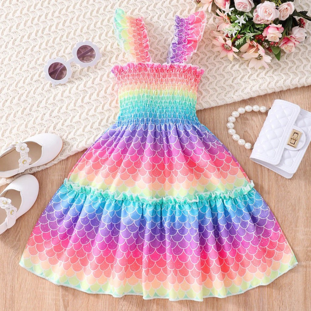 Children sleeveless smocking multicolor dress with leopard print butterfly and rainbow design for girls ages 2-7