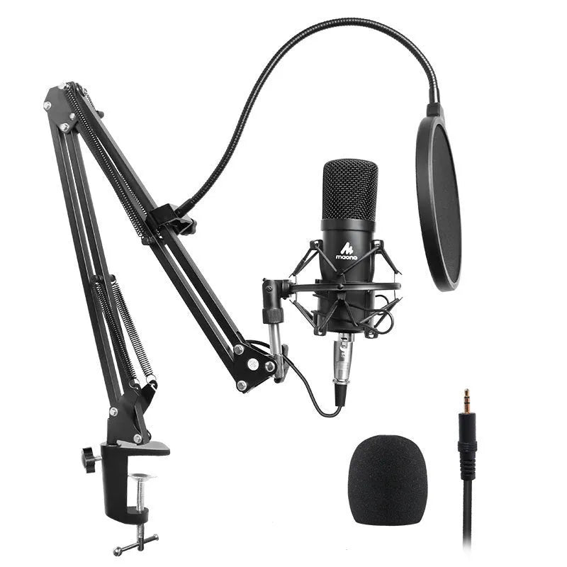 Black wired capacitor microphone with shockproof support and cantilever frame for phone K song and computer recording