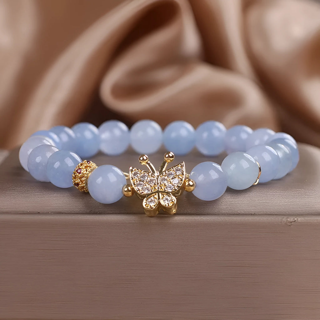 Sky blue aquamarine butterfly crystal bracelet for women with pearls, rhinestones and sequins