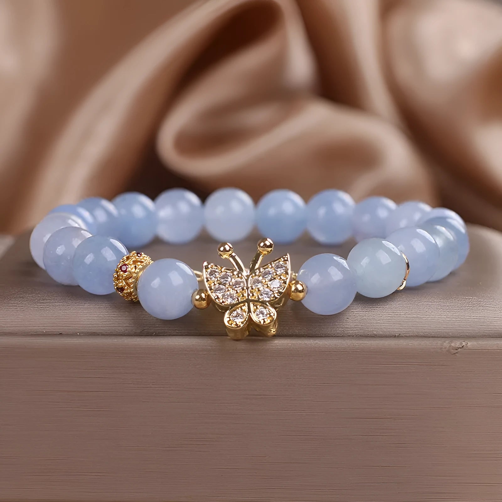 Sky blue aquamarine butterfly crystal bracelet for women with pearls, rhinestones and sequins