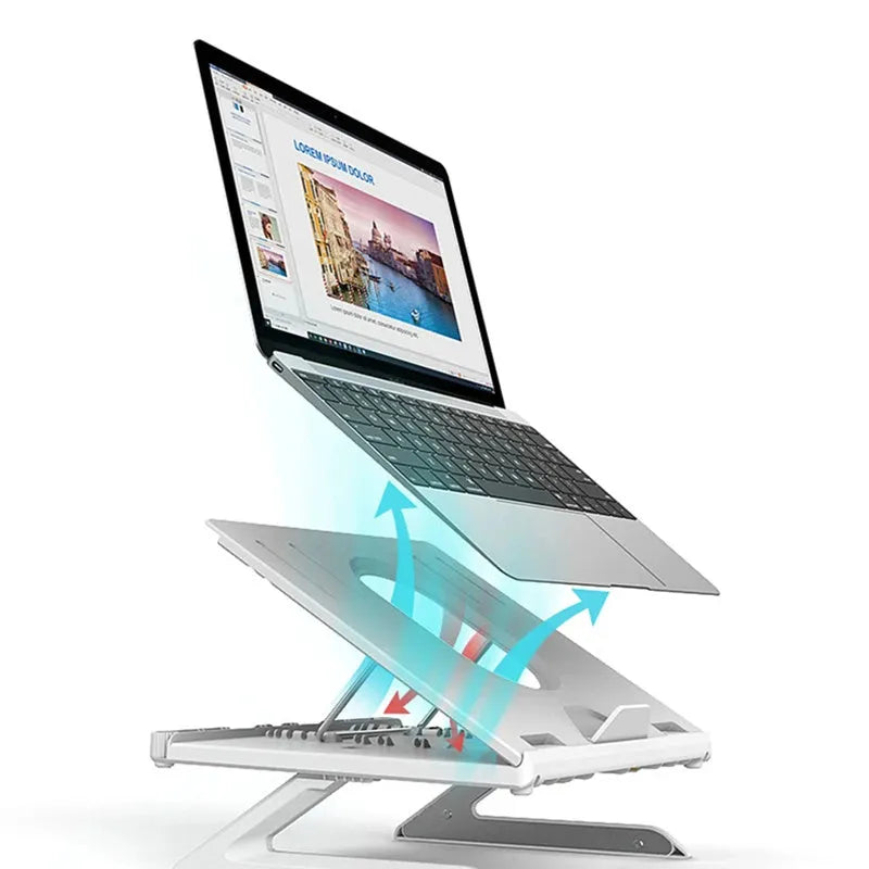 Black folding aluminium laptop stand with 9-level angle adjustment and cooling slot, on a desk with a laptop