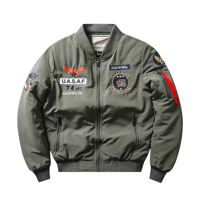 Men's slim-fit black retro cotton-padded coat with stand collar and patch pockets.