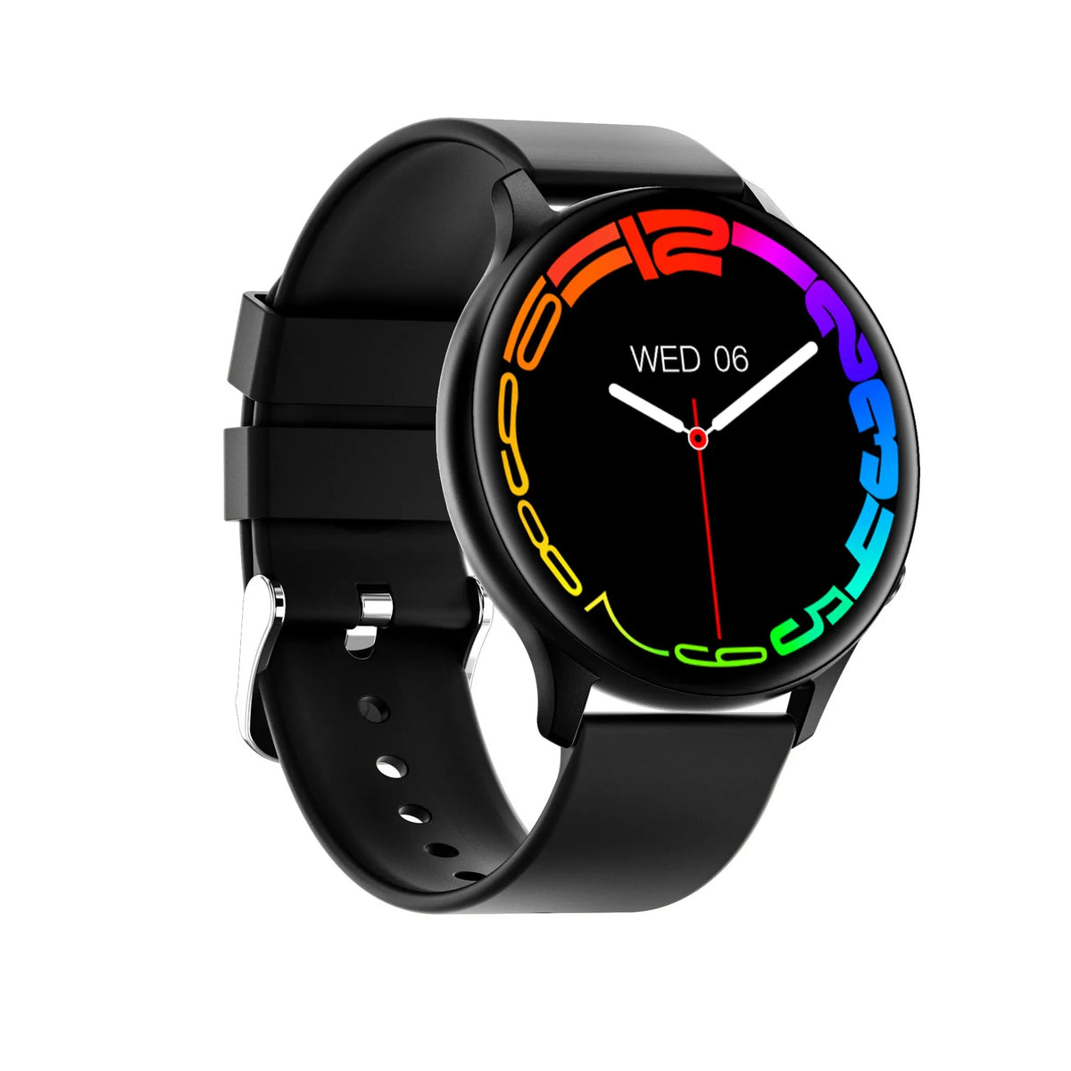 Smart watch with 1.32 inch TFT touchscreen, silicone strap, and Bluetooth call support in black