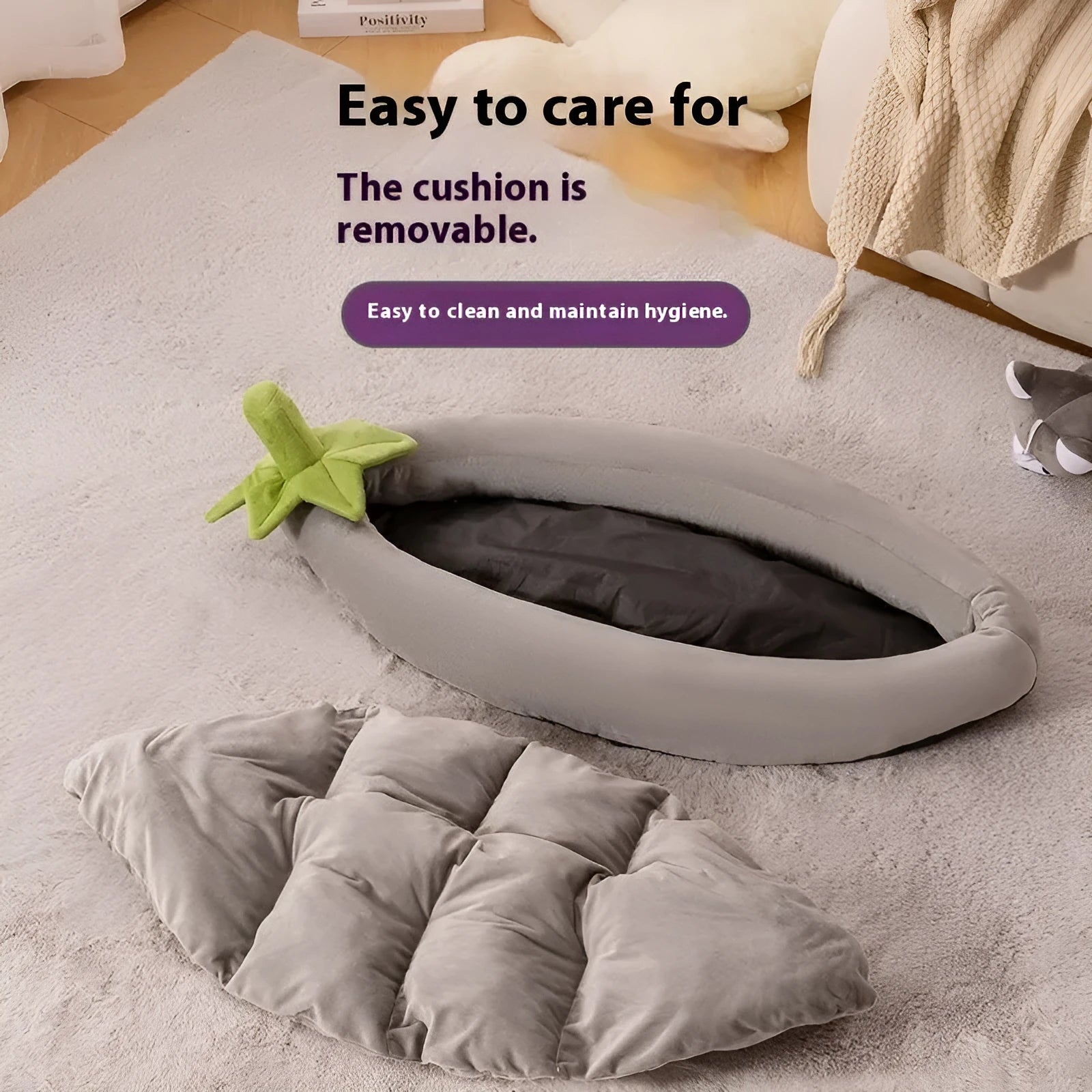 Removable cover washable dog mat in purple, shown in a large size next to a resting dog.