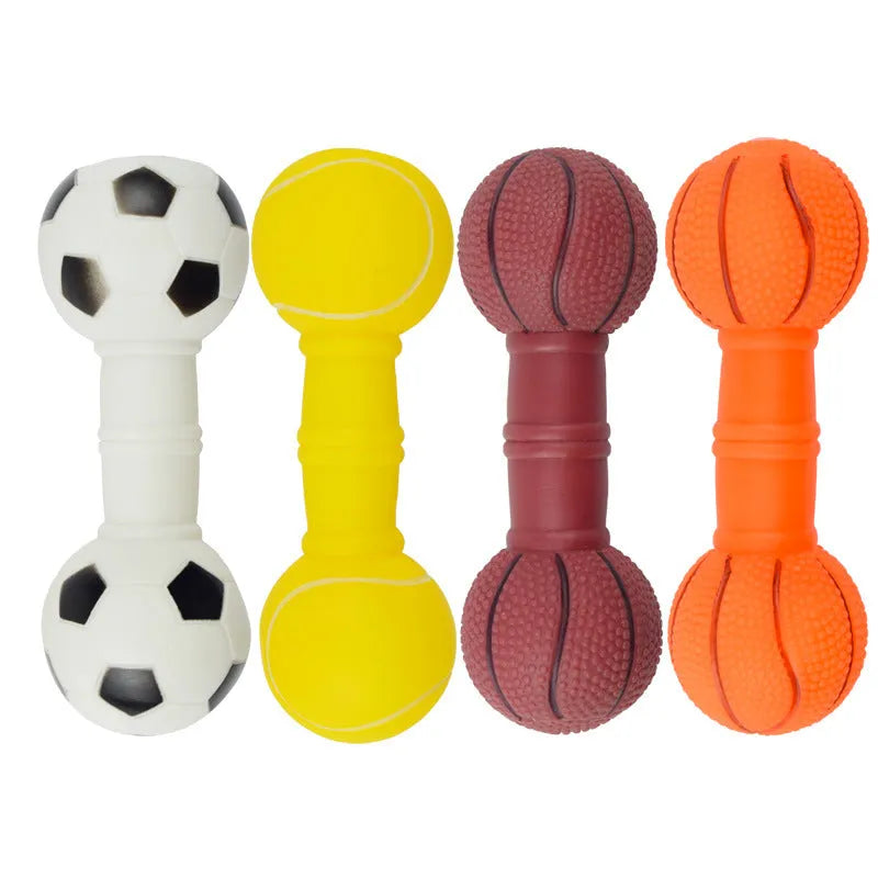 Brown and orange dumbbell-shaped PVC squeaky dog toy for small and medium pets.