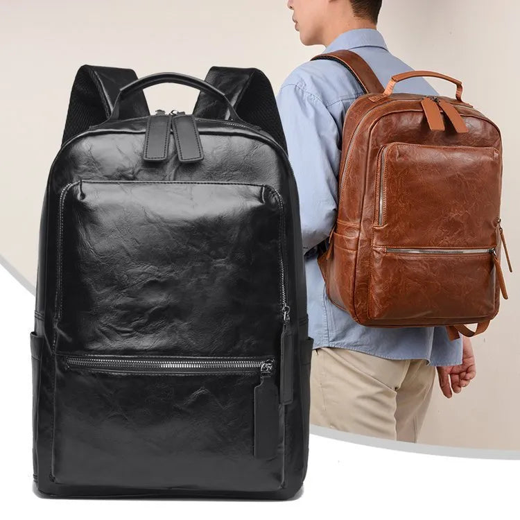 American vintage waterproof backpack 20-35L with PU lining and curved shoulder straps in black, brown, dark brown, or yellowish brown.