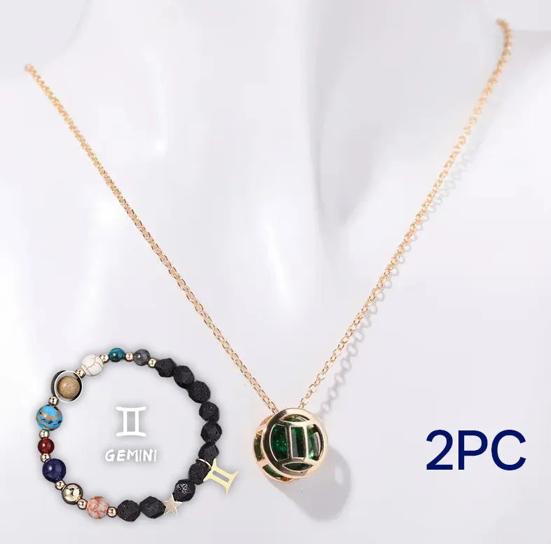 Natural stone beaded necklace and matching bracelet set laid flat, showing bead detail.