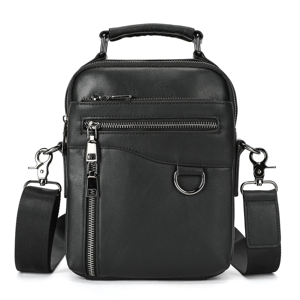Men's black genuine leather single crossbody messenger bag with stitching detail for business travel